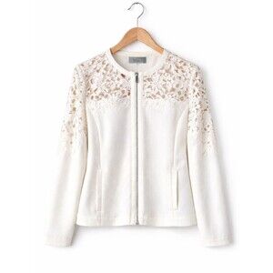 Neiman Marcus Cutout Lace Creamy White Textured Zip Front Bridal Jacket Blouse